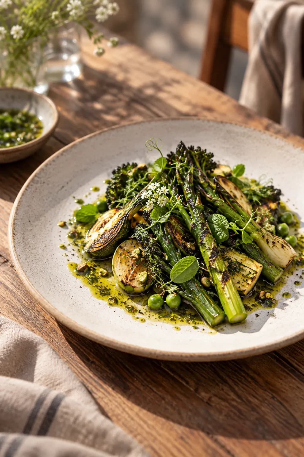 A seasonal vegetable dish with charred edges and herb oil on a ceramic plate