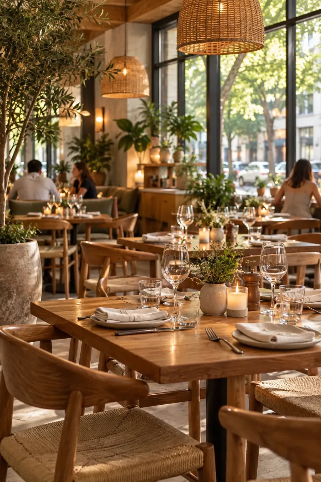A warm modern restaurant dining room with wood, greenery and large windows onto a leafy street