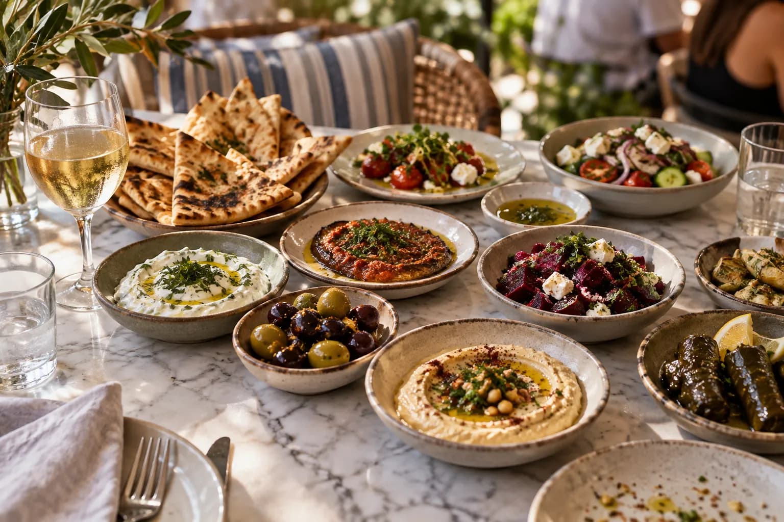 A spread of small mezze dishes with dips, olives and flatbread on a marble table