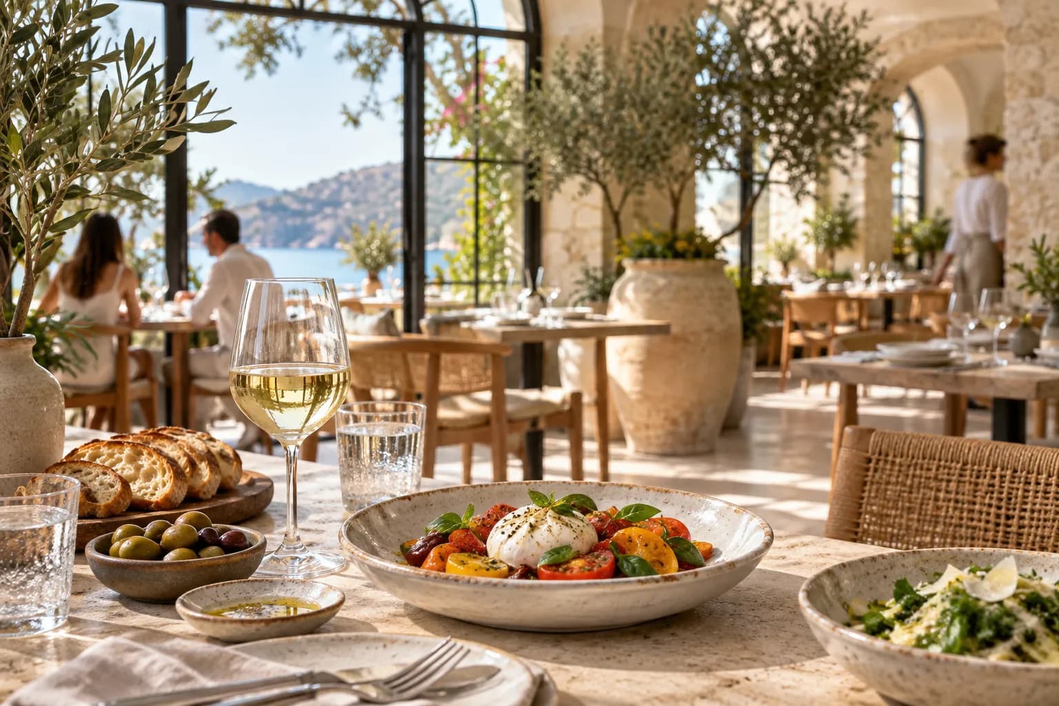A bright airy Mediterranean restaurant with pale stone, greenery and large windows