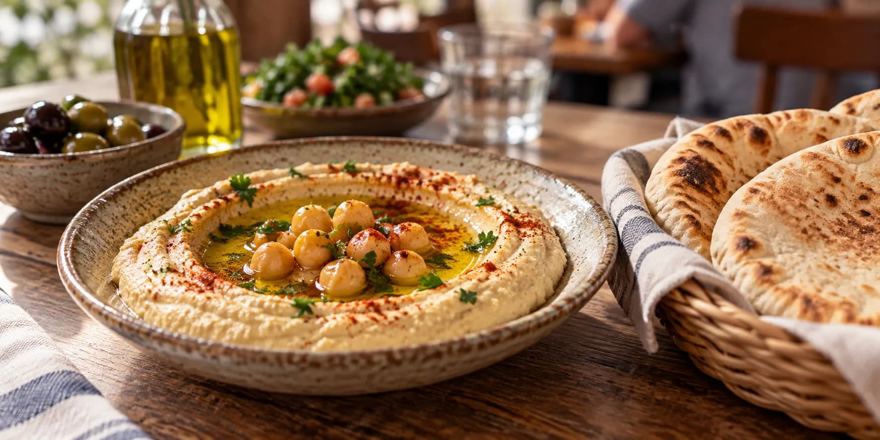 A plate of hummus topped with olive oil, chickpeas and paprika beside warm pita