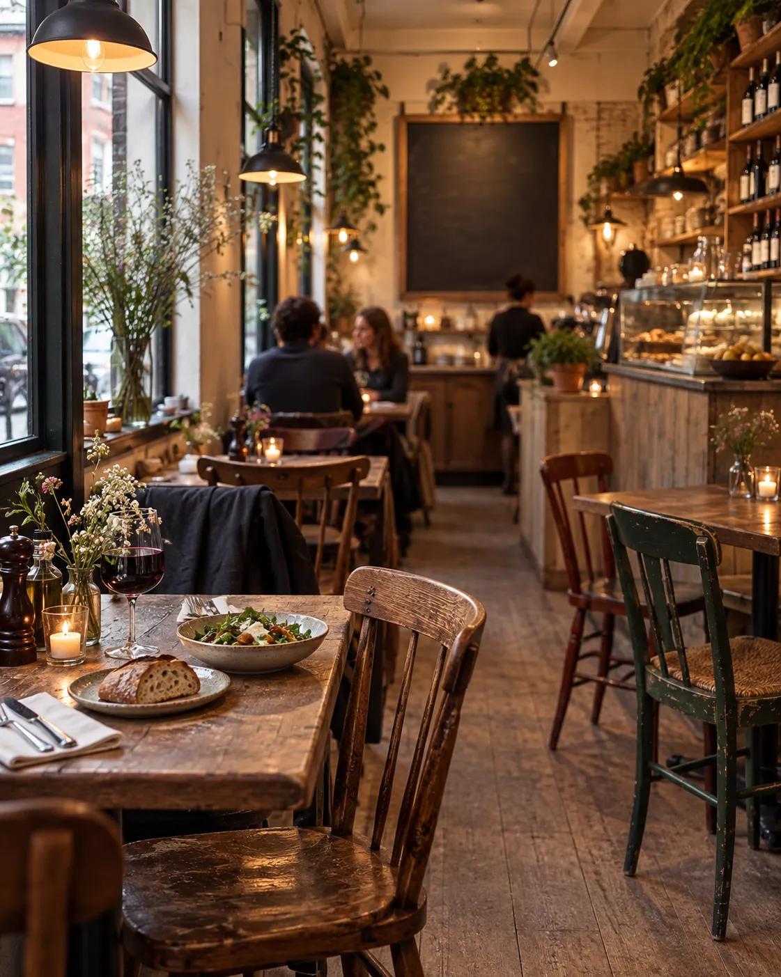 A cosy narrow café with wooden tables, mismatched chairs and a chalkboard menu