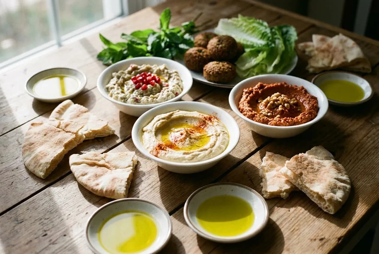 Overhead view of mediterranean mezze dishes including hummus and baba ghanoush on a wooden table