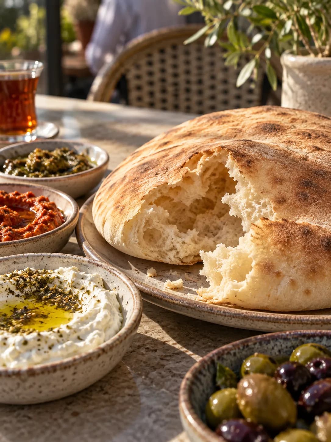 A puffed round flatbread torn open beside small bowls of labneh and spreads