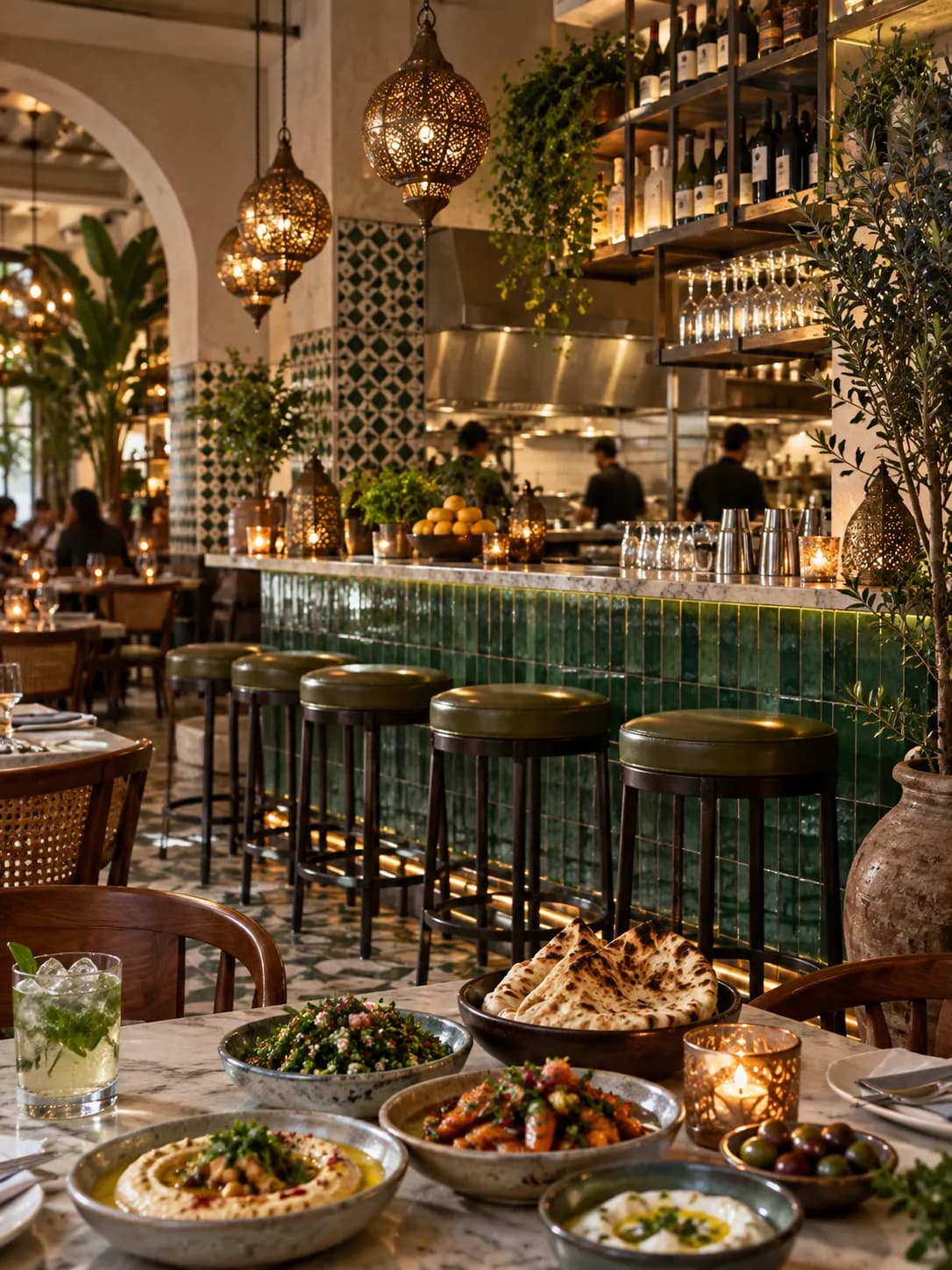 A lively modern Middle Eastern restaurant interior with a bar, tiled surfaces and pendant lighting