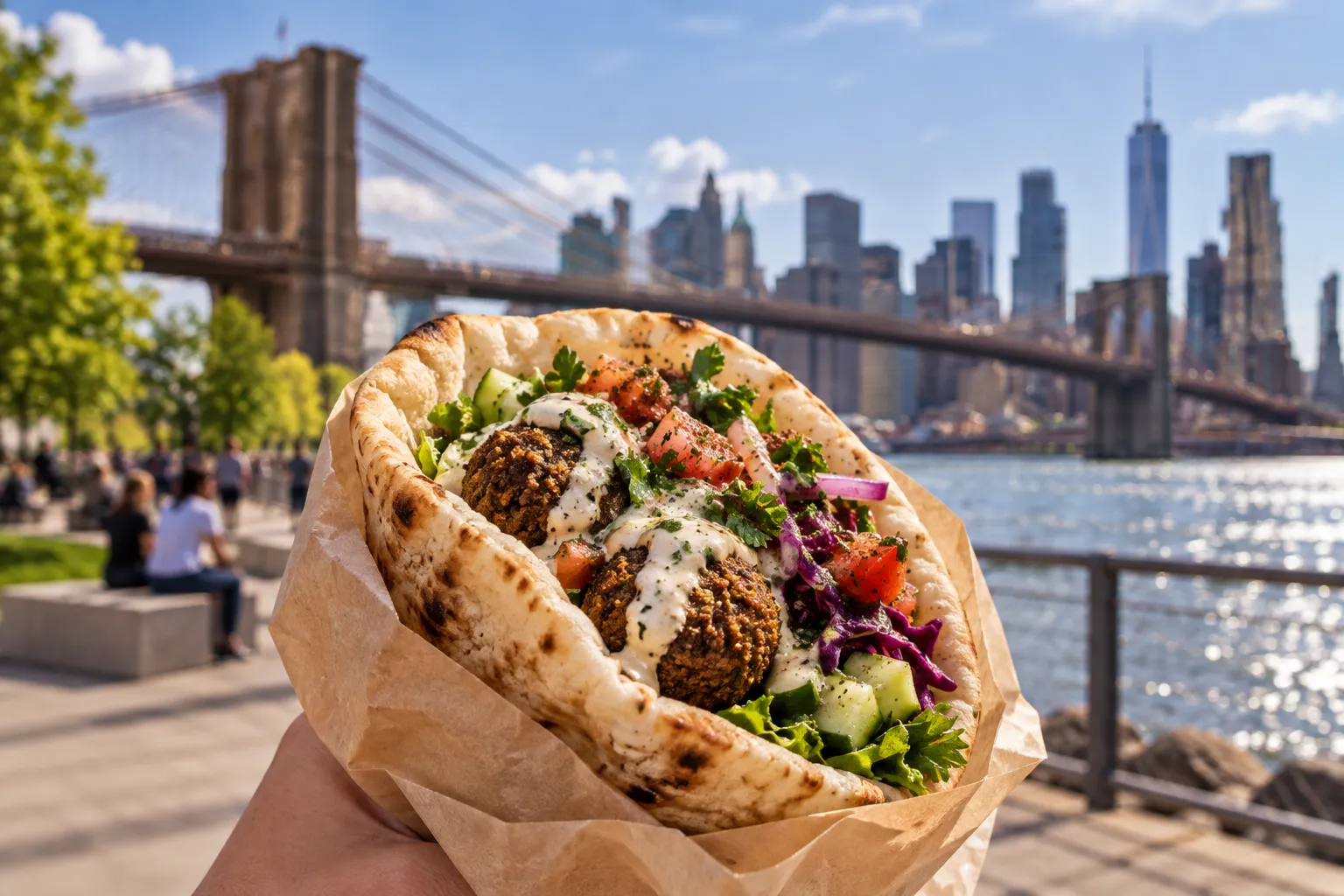A falafel pita filled with salads and drizzled with tahini, wrapped in paper