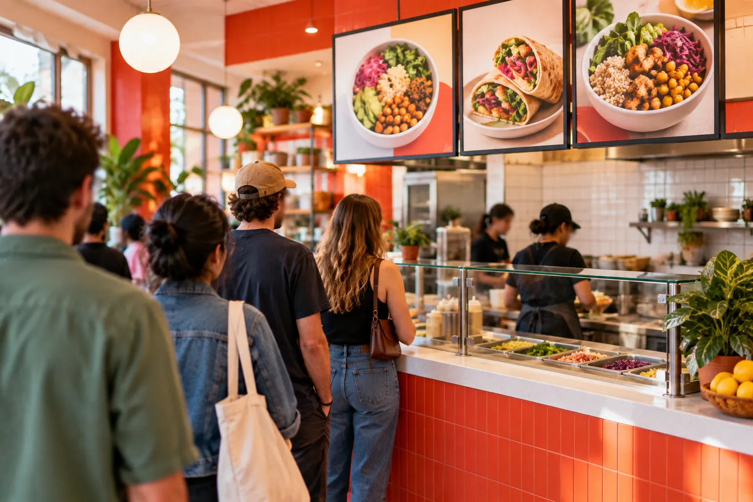 A small bright fast-casual restaurant counter with menu boards and a queue of customers