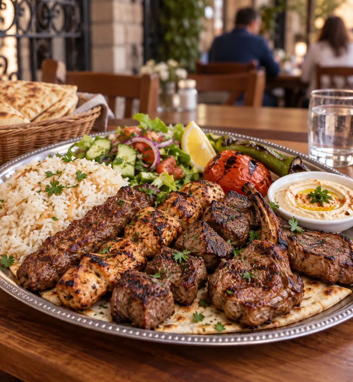 A mixed grill plate with rice, salad and grilled meats on a large platter