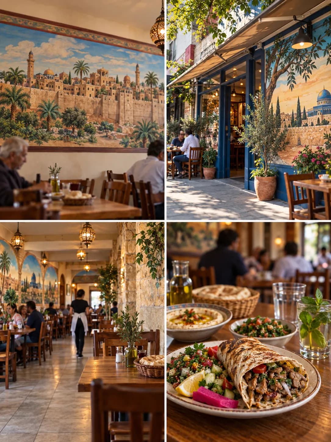A neighbourhood Middle Eastern restaurant with painted wall murals and simple wooden tables