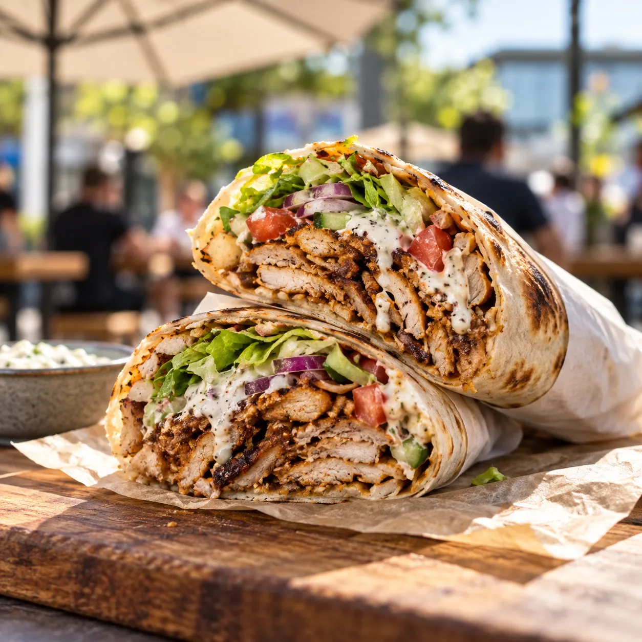 A shawarma wrap cut in half showing layers of meat, salad and sauce