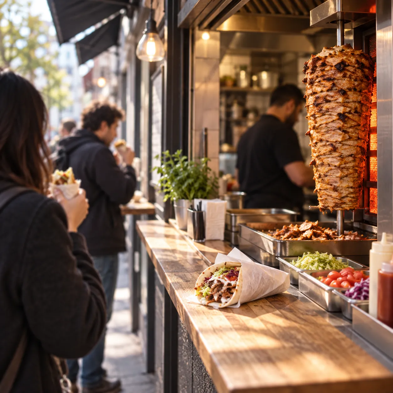 A very small takeaway counter with a vertical rotisserie and a narrow standing area