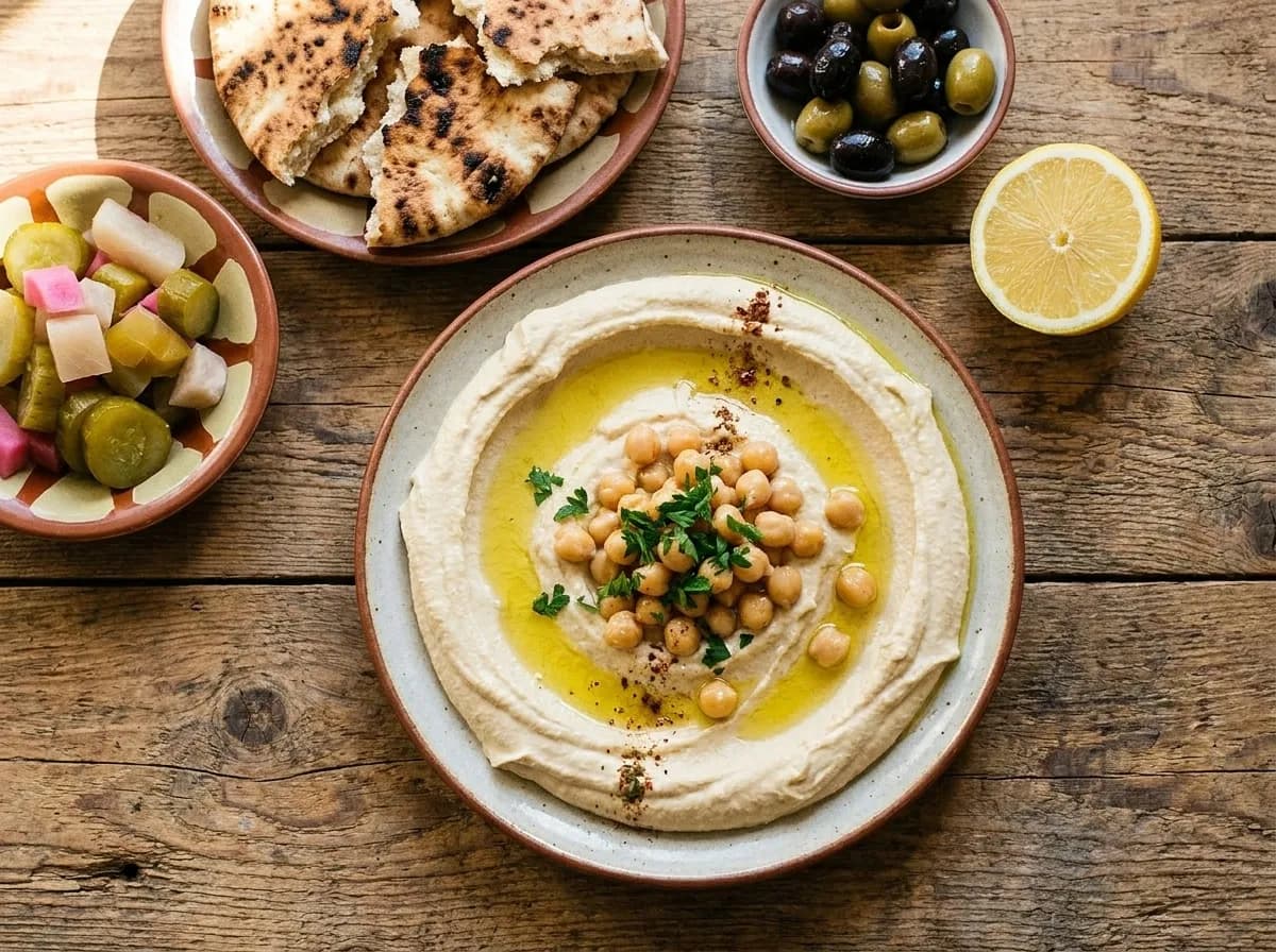 A wooden table from above with hummus, torn flatbread, pickles, olives and a lemon half
