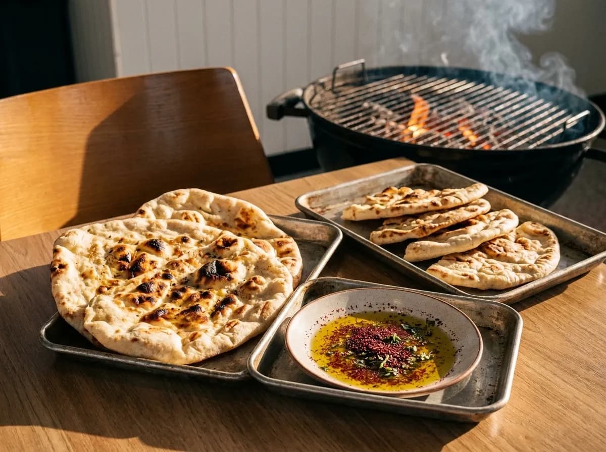 A spread of hummus, flatbread and small mezze dishes on a wooden table from above