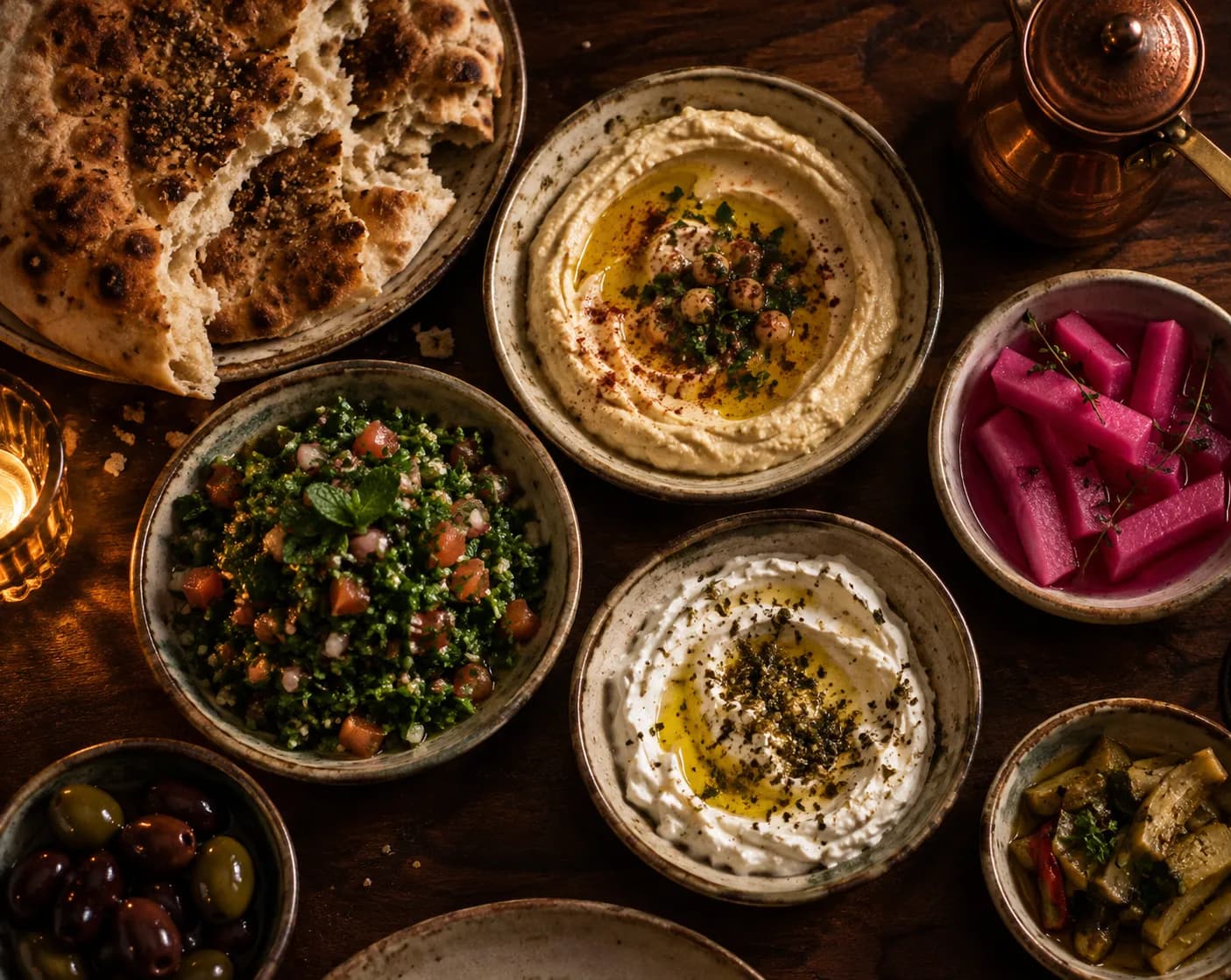 A crowded mezze spread of small dishes, flatbread and olive oil on a dark table