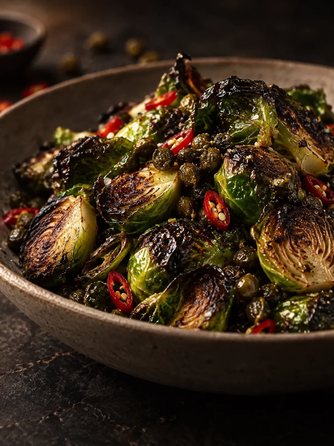 Charred brussels sprouts piled in a shallow ceramic bowl under low light