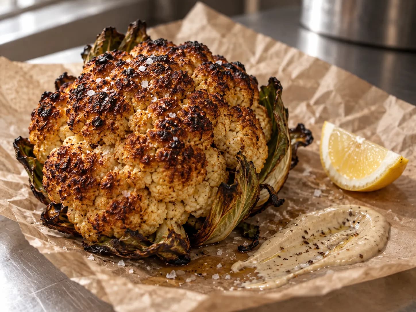 A whole roasted cauliflower head, blistered and salted, resting on butcher paper