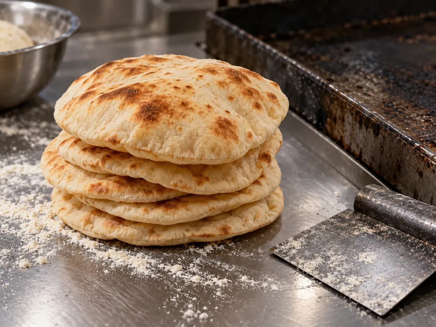 Warm pita rounds stacked beside an open steel counter griddle