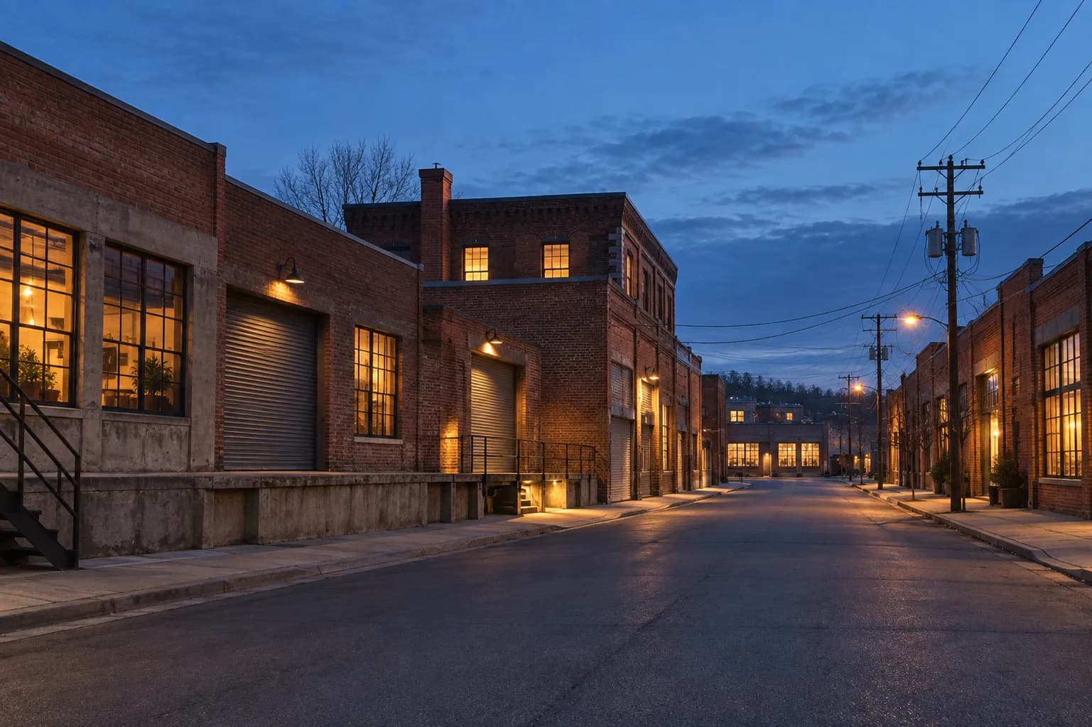 A warehouse-district street of brick buildings and loading bays at dusk