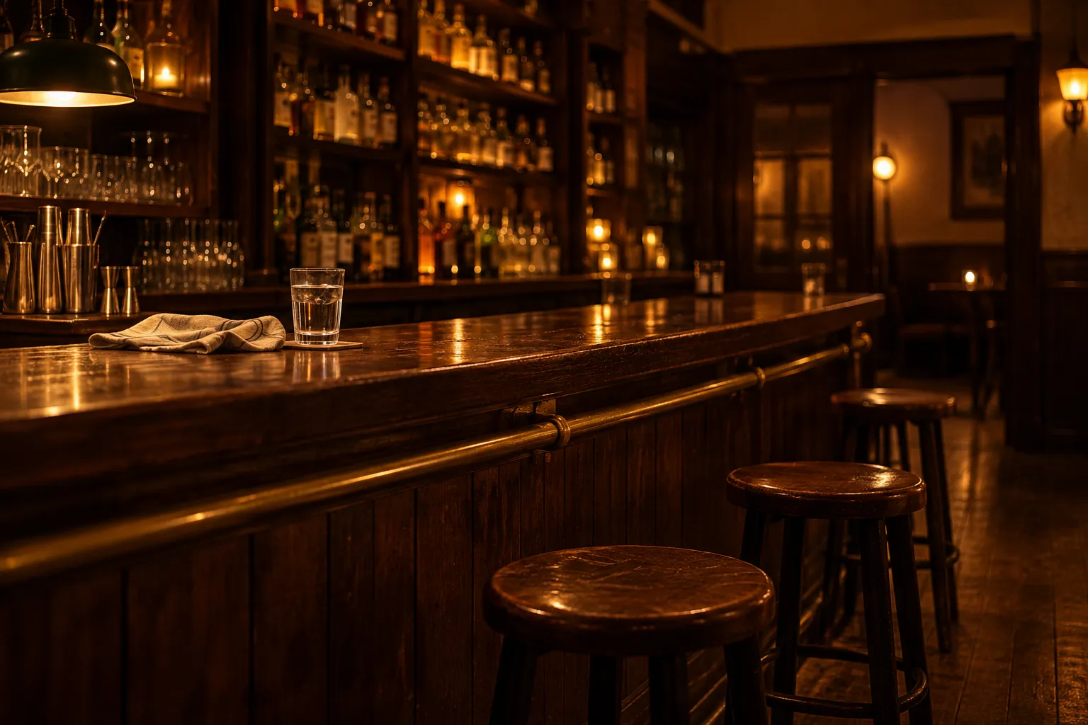 A dark restaurant bar counter with stools and shelves of bottles behind it