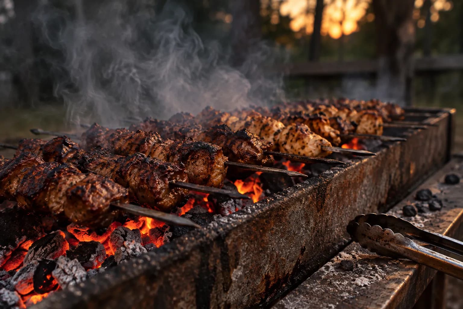 Charred meat skewers resting over glowing charcoal in a long narrow grill