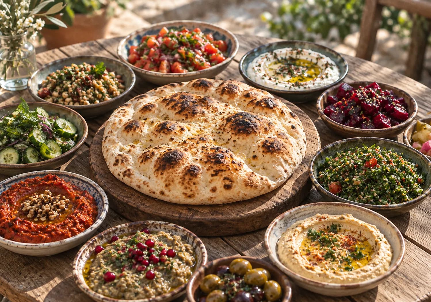 A crowded table of small salad dishes with a puffed flatbread in the centre