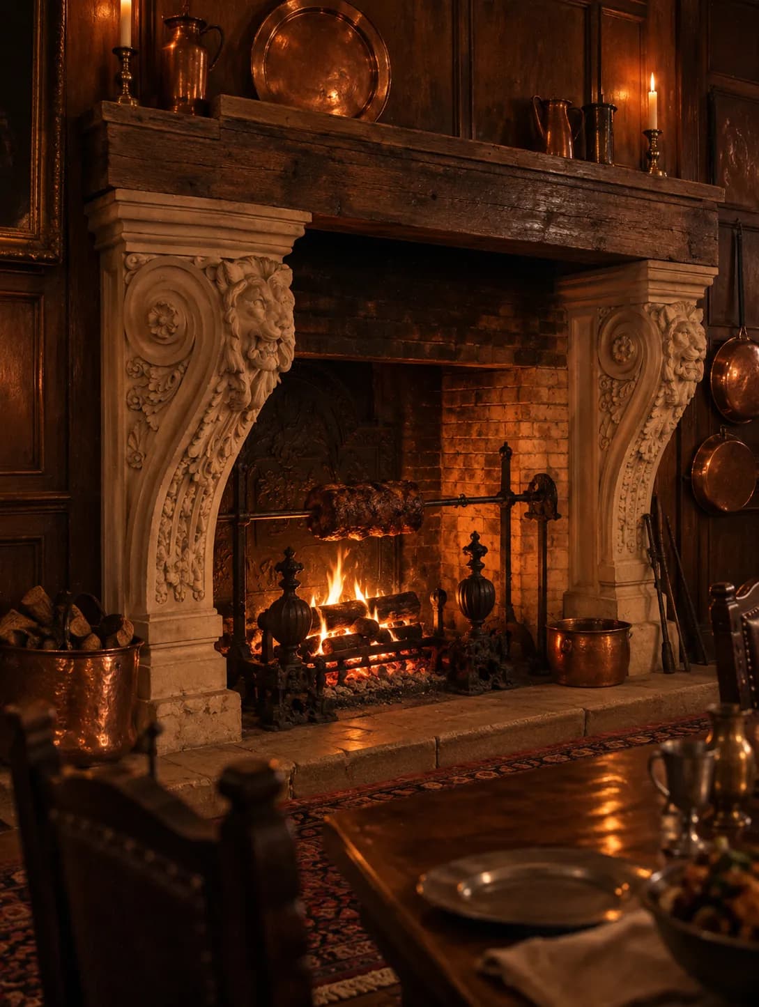 A large open hearth with meat turning on a spit and logs burning beneath