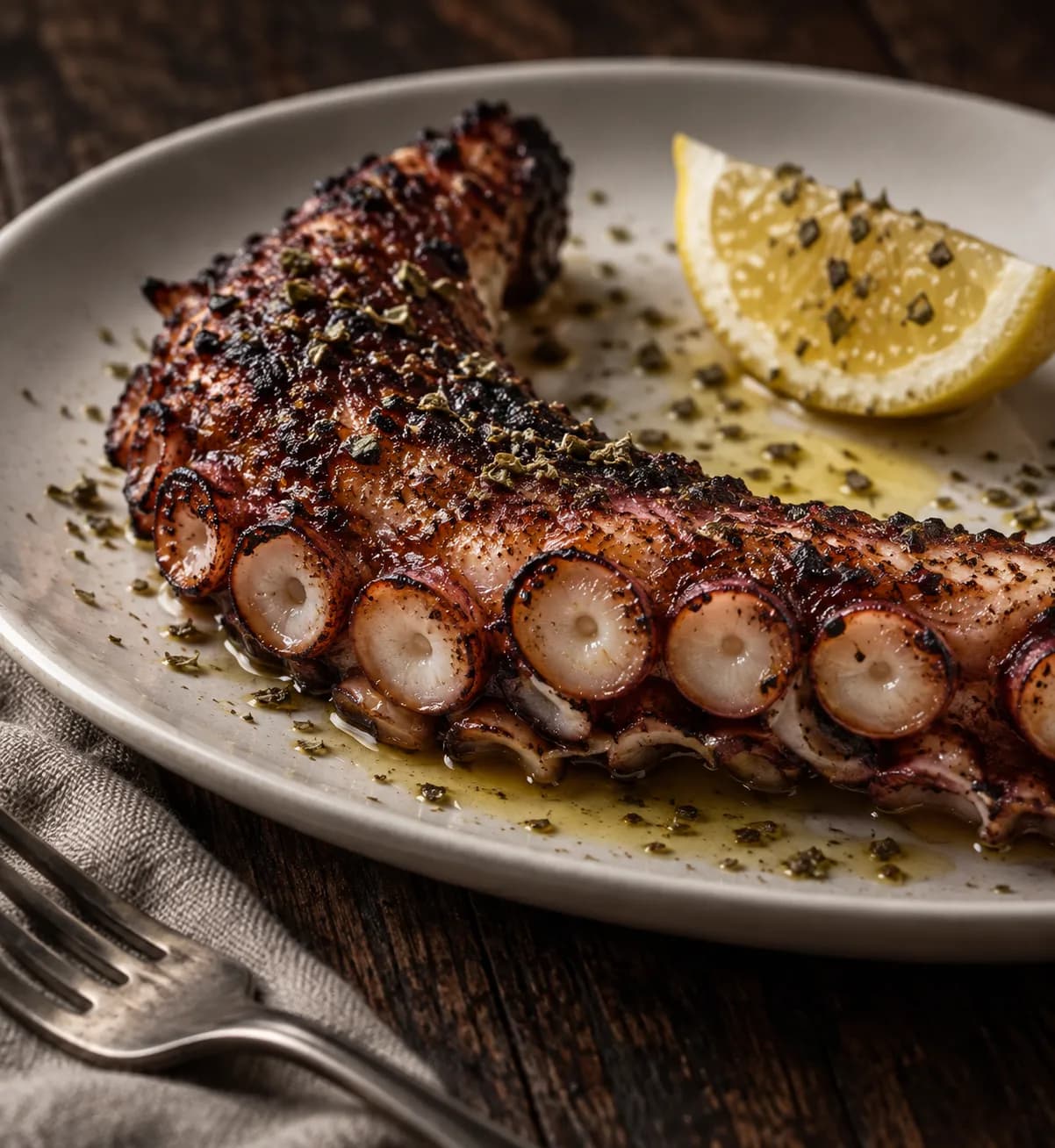 Charred whole octopus tentacle on a white plate with lemon and oregano