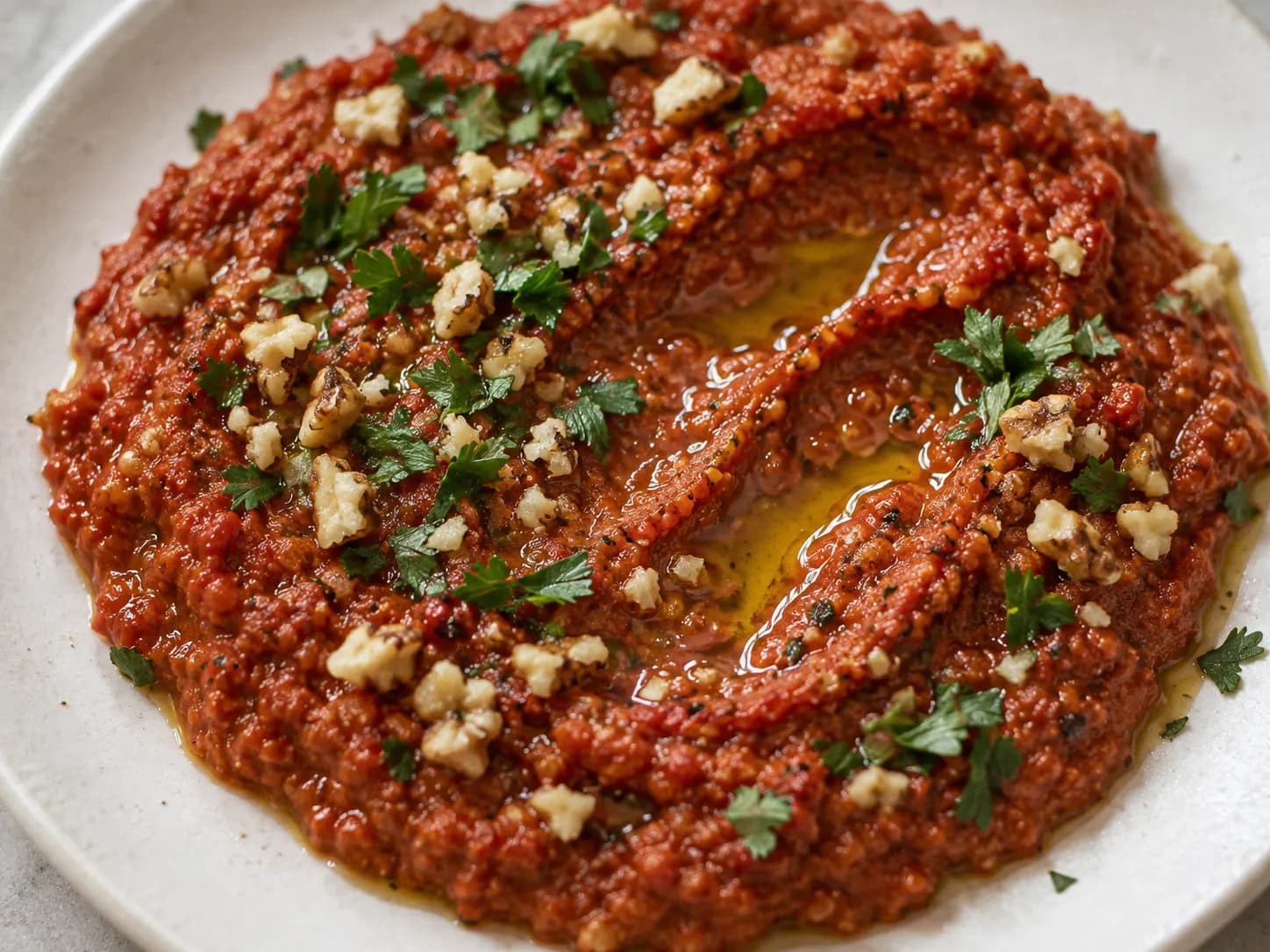 A deep red walnut and pepper dip spread across a plate with olive oil pooled on top