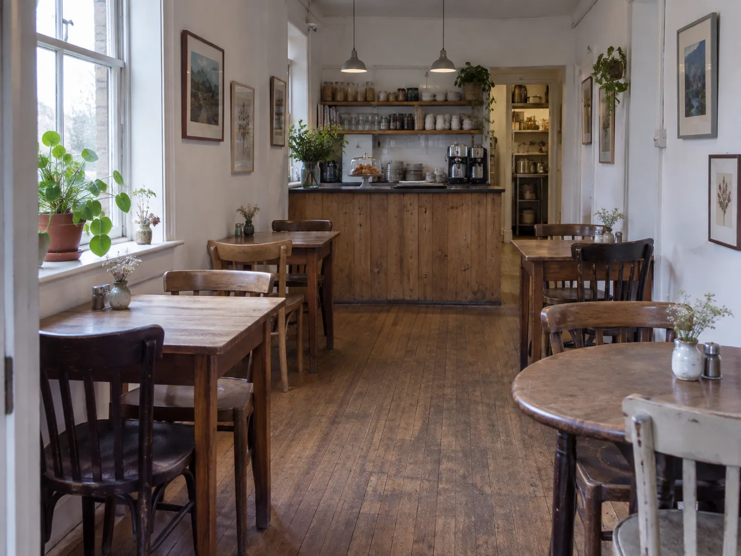 A narrow neighbourhood dining room with a window onto the street and a few small tables