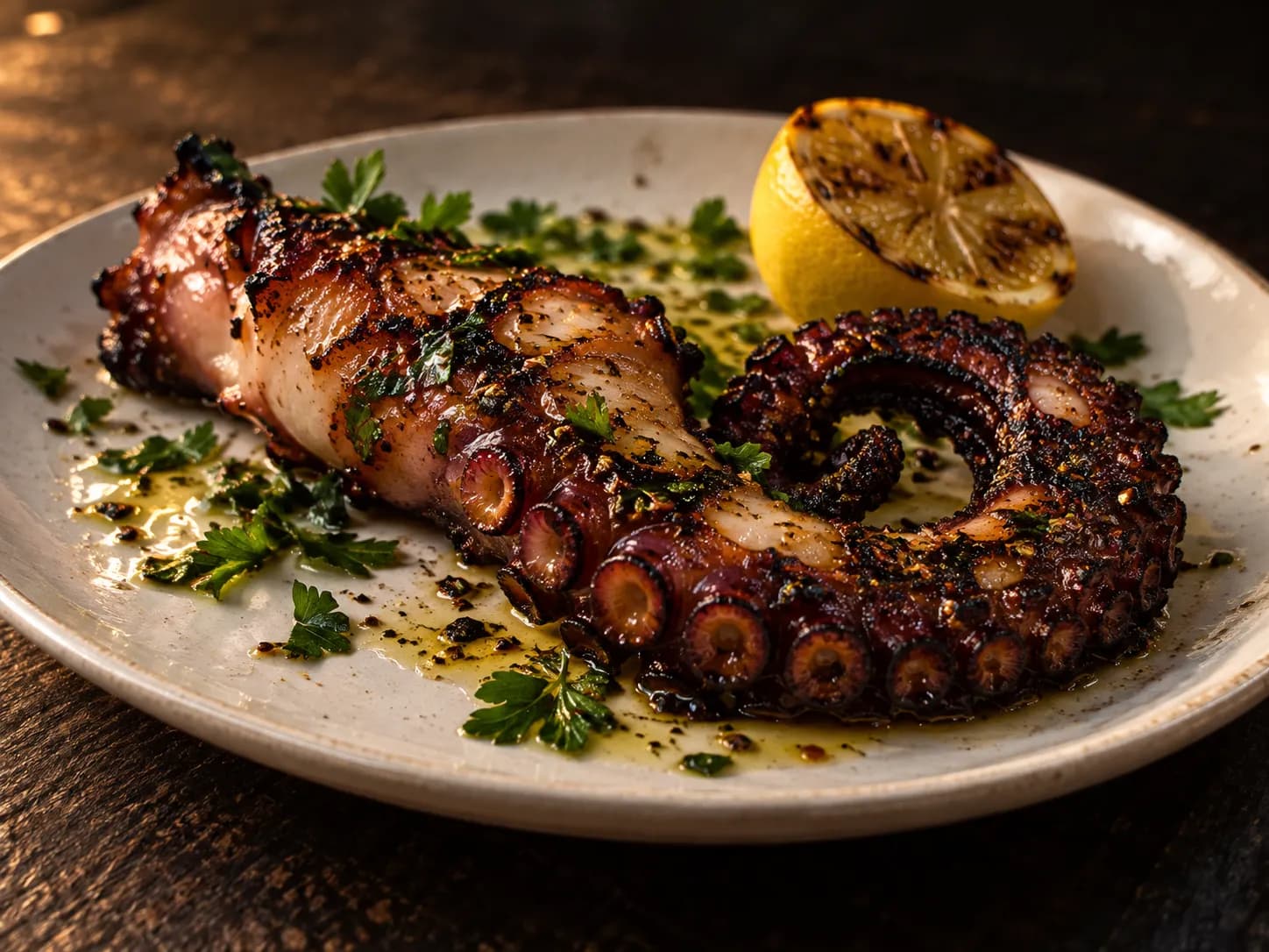 A whole grilled octopus tentacle on a plate with lemon and herbs