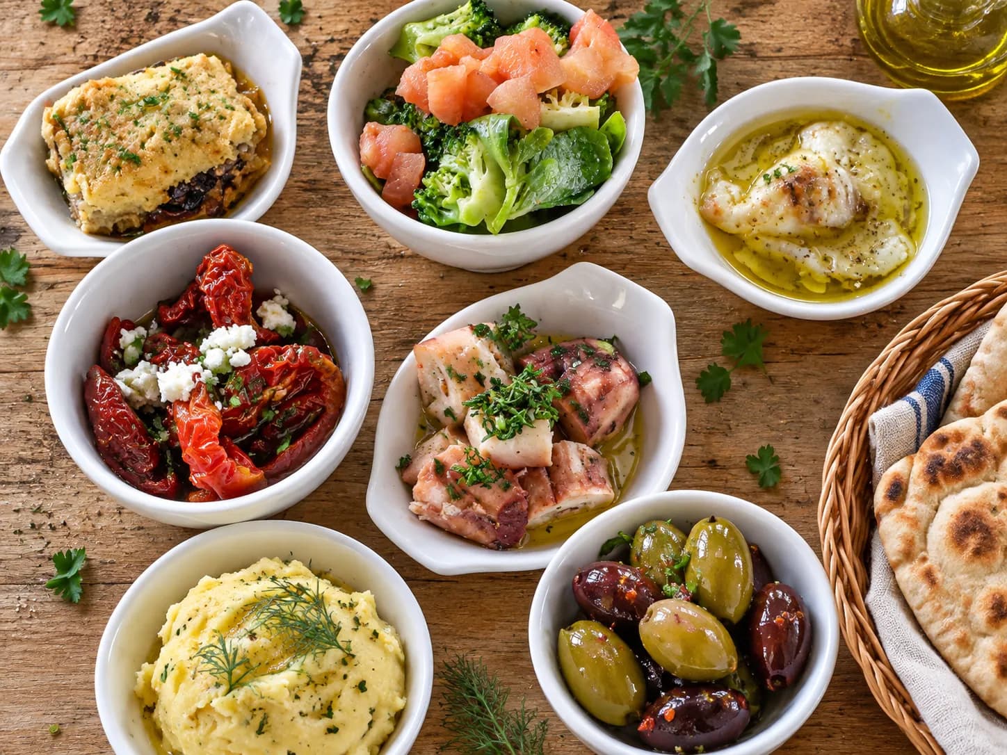 Several small meze dishes crowded together on a wooden table