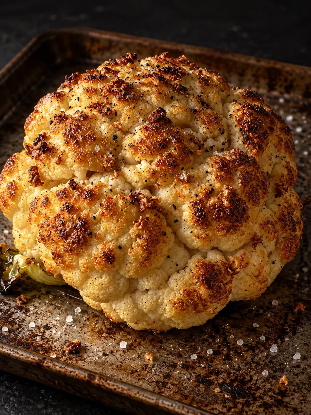 A whole roasted cauliflower head, browned and glistening, on a metal tray