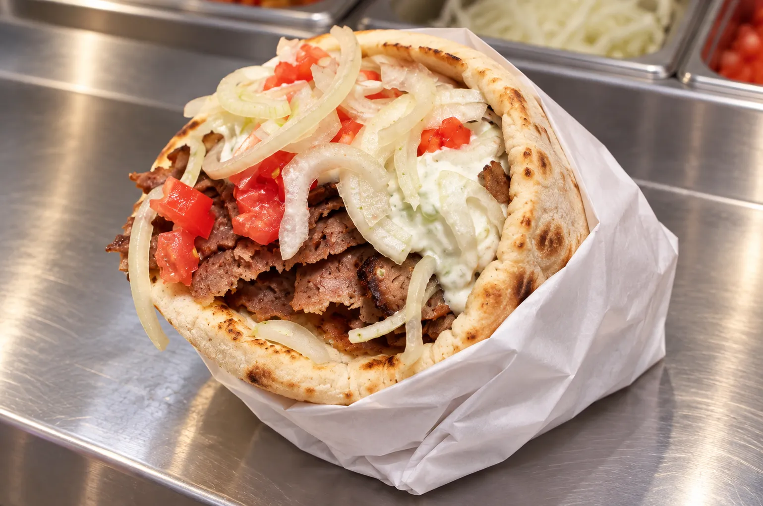 A stuffed pita wrapped tightly in paper and held over a counter