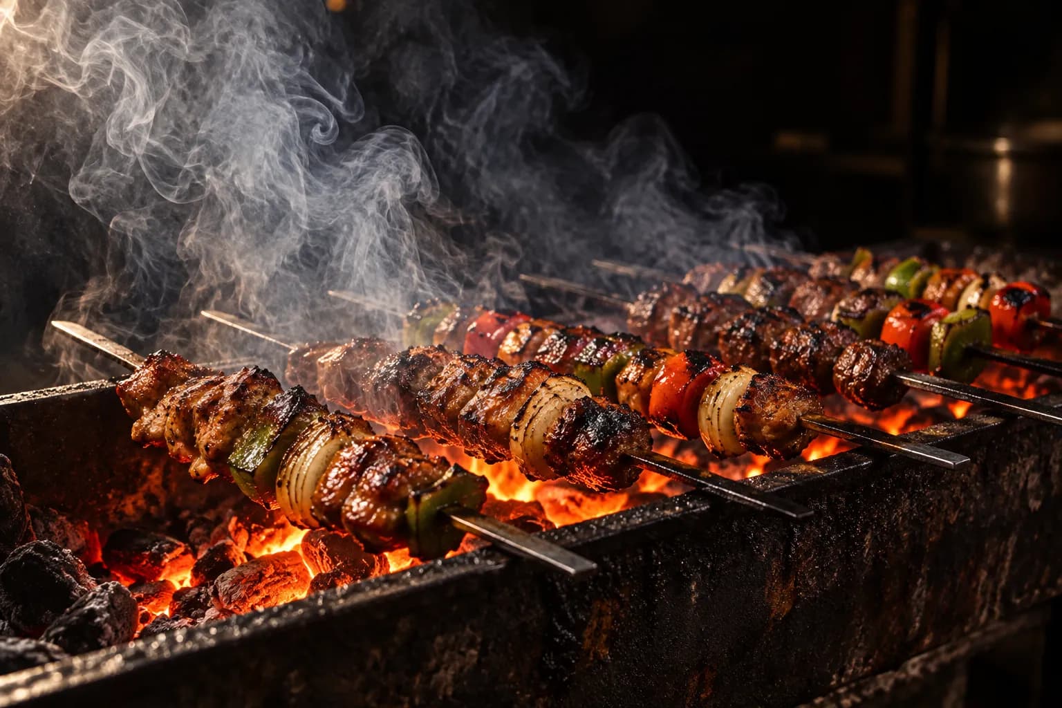 Skewers of meat and vegetables cooking over glowing coals