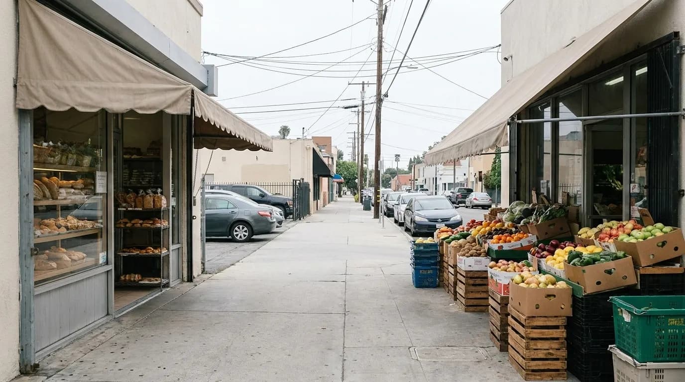 A Los Angeles street of small shopfronts in daylight, an Armenian bakery and a grocer side by side with awnings out and produce boxes stacked on the pavement