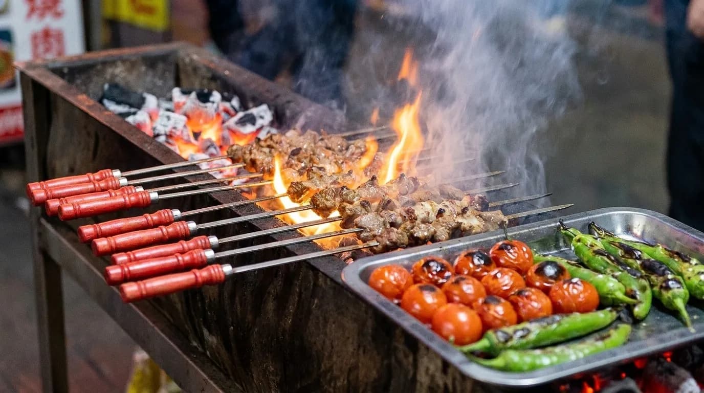A close view of skewered kebabs charring over open coals on a long grill, flames licking up between the skewers and a tray of grilled tomatoes and peppers waiting alongside