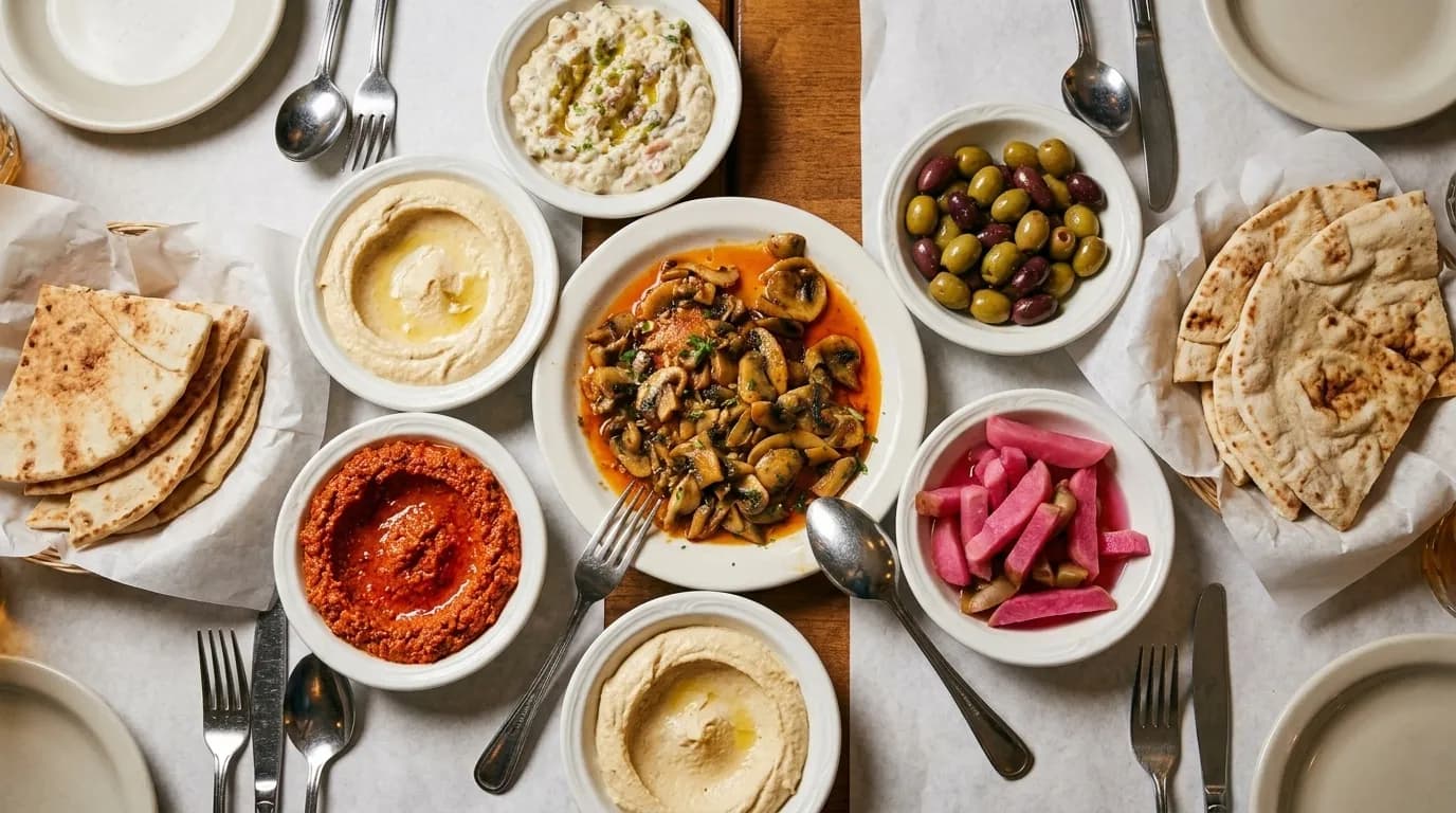 A Los Angeles mezze table from above, bowls of hummus and muhammara with flatbread, olives and pickles crowded across a paper-covered table