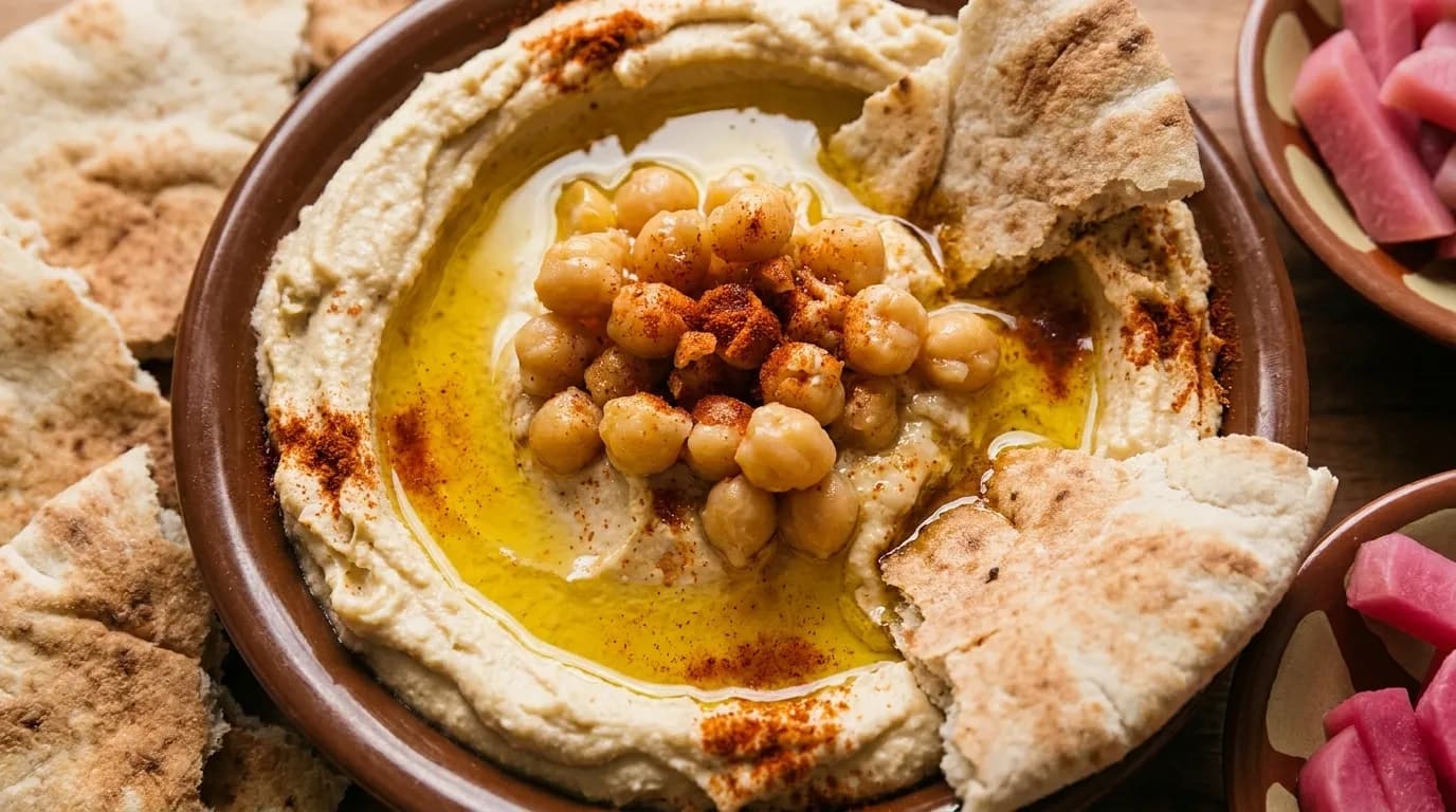 A close overhead view of a bowl of hummus swirled with olive oil and topped with whole chickpeas and paprika, torn flatbread and a small dish of pickled turnips beside it