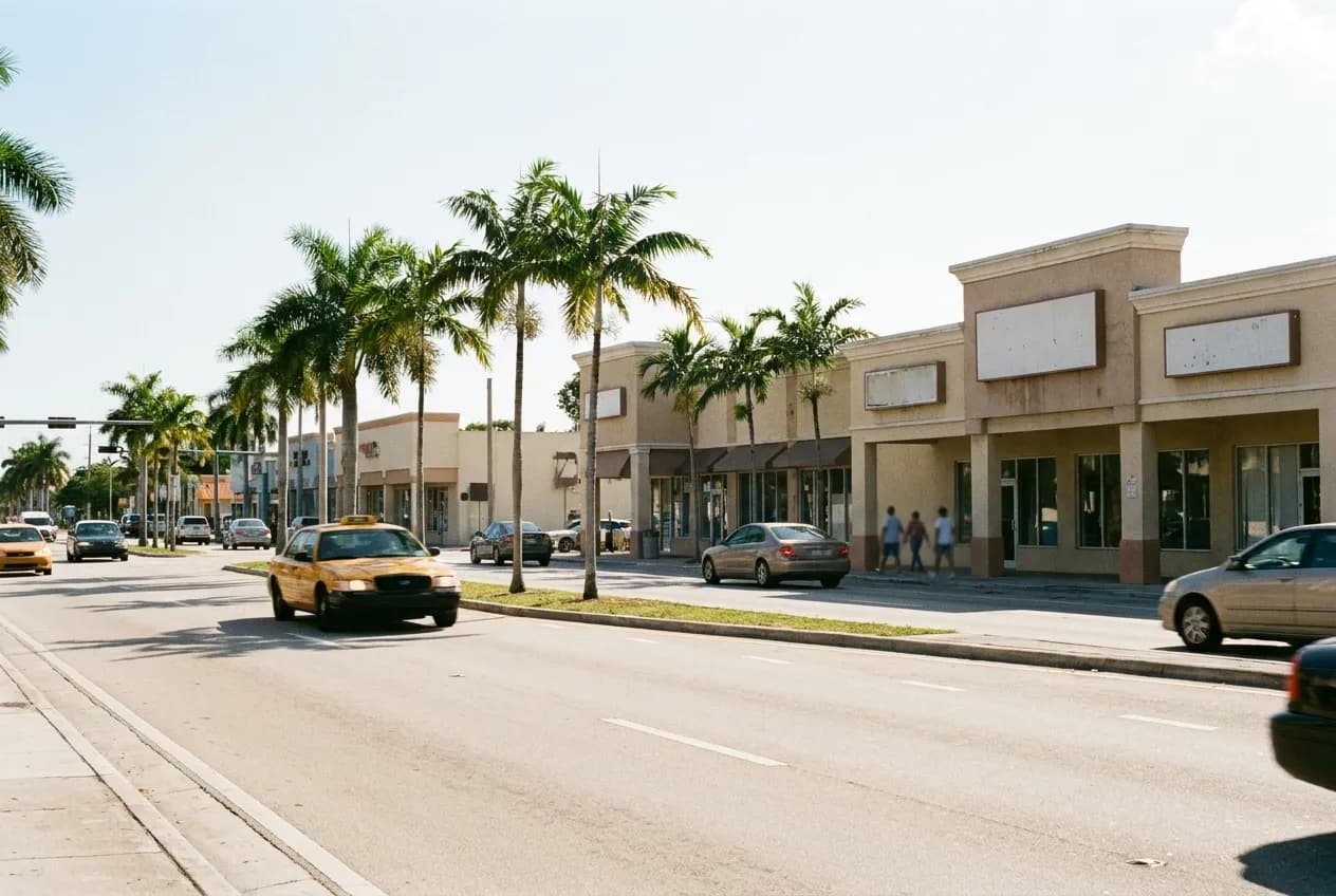 A wide multi-lane road running past low commercial buildings and palms under bright sun, signage frames left blank above the shopfronts