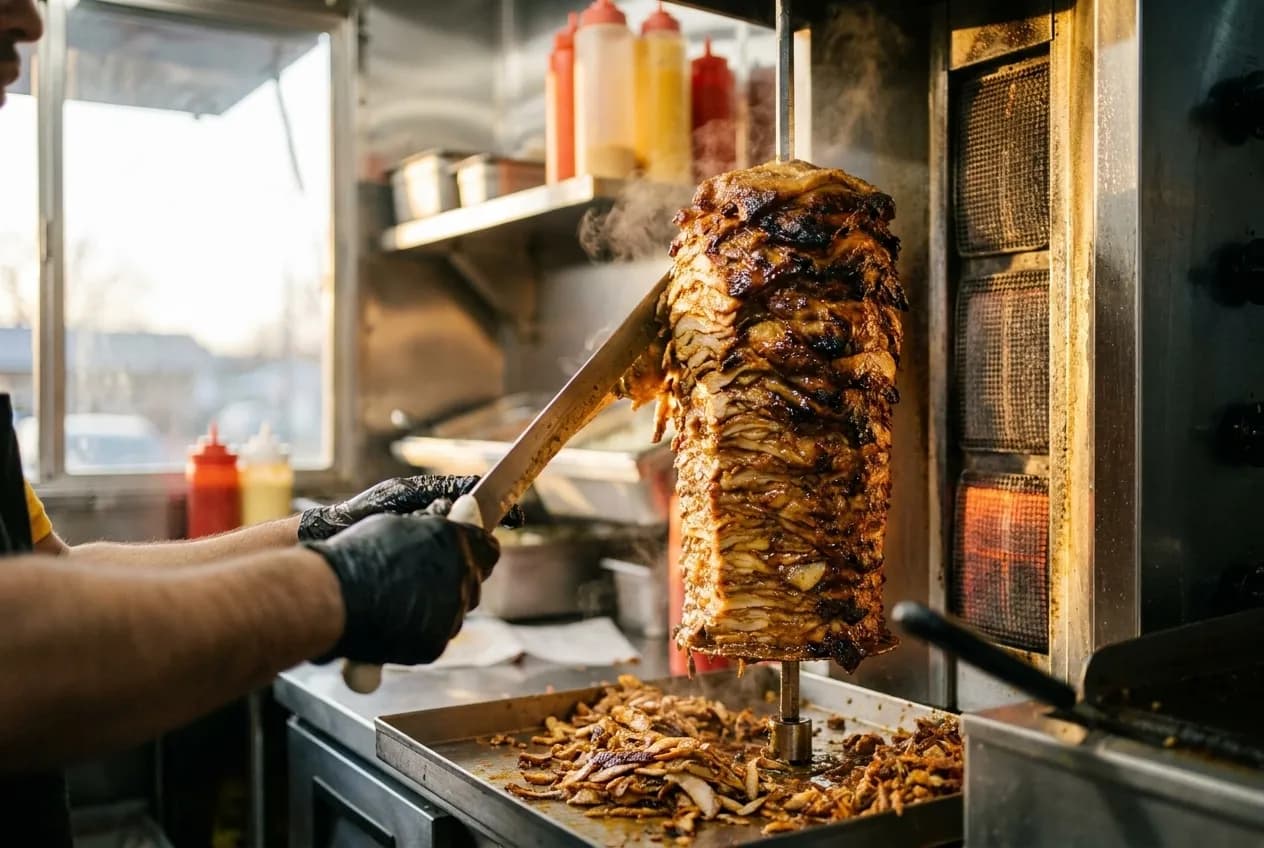 A vertical rotating spit of layered meat beside a vertical grill element, the outer surface darkened and glistening