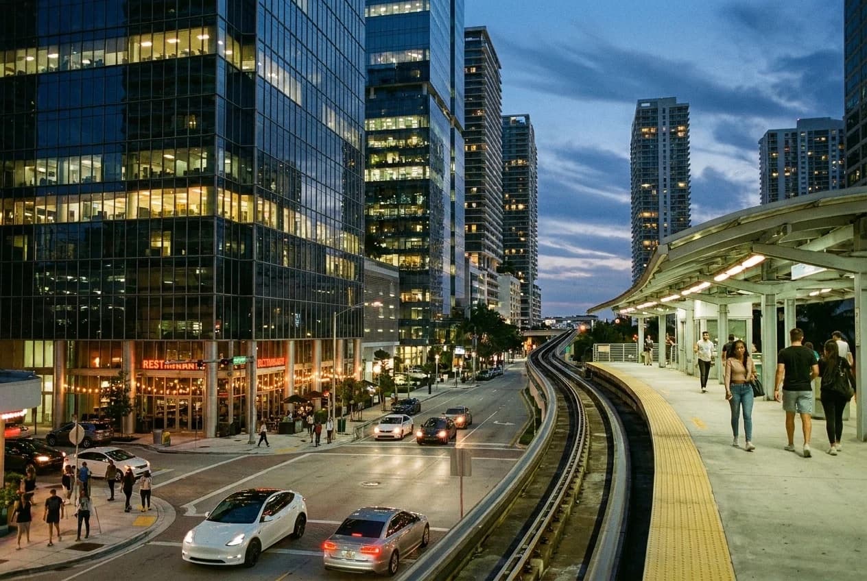 Brickell Avenue Metro Mover platform at dusk with office towers and ground-floor restaurant signs lit below the track