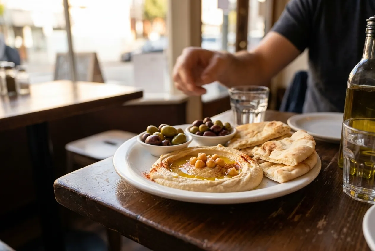 A mezze spread of hummus, olives and flatbread on a small table