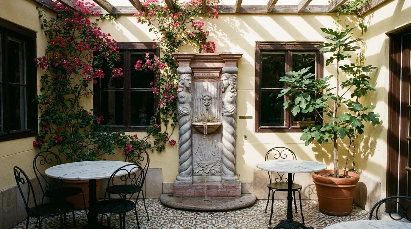 A tiled restaurant courtyard with a stone fountain, iron chairs and climbing bougainvillea