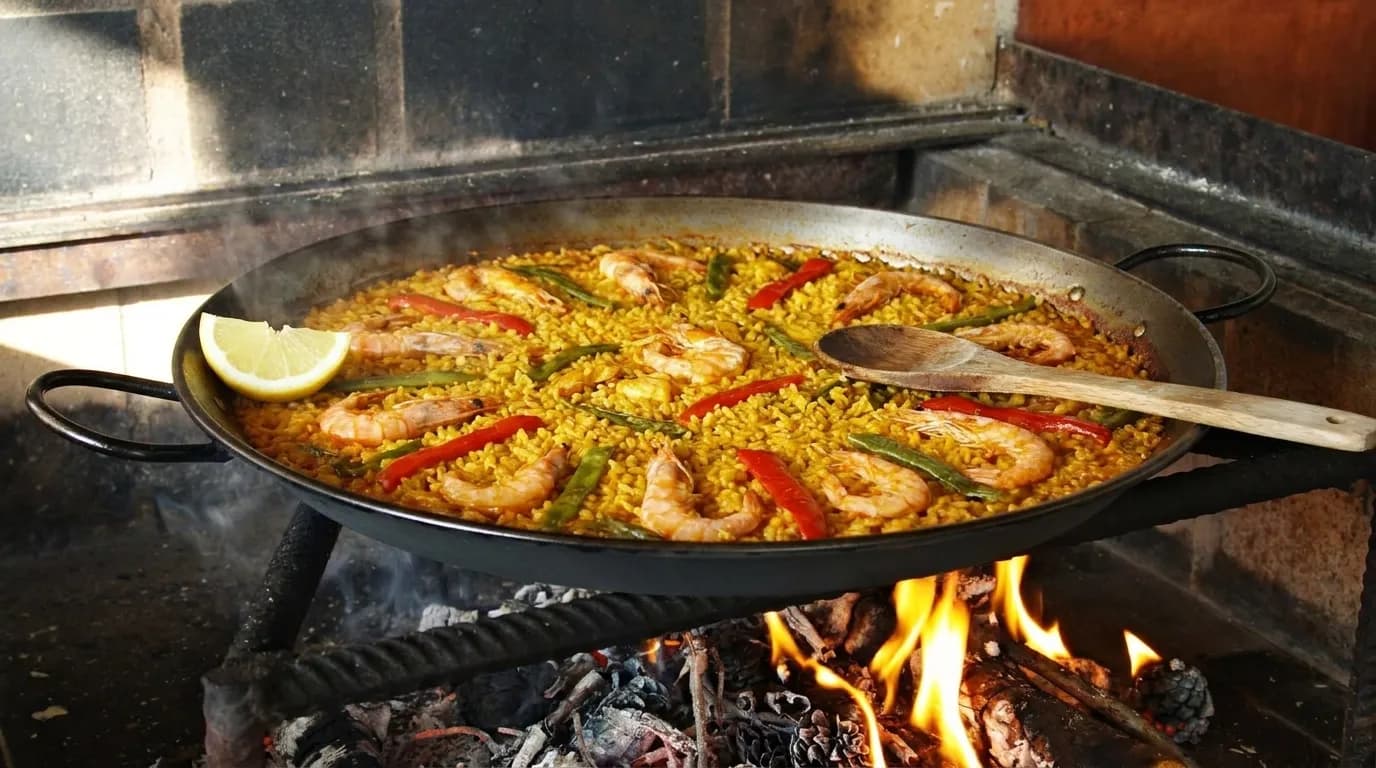 A wide shallow pan of rice cooked over coals with the socarrat crust showing at the edge
