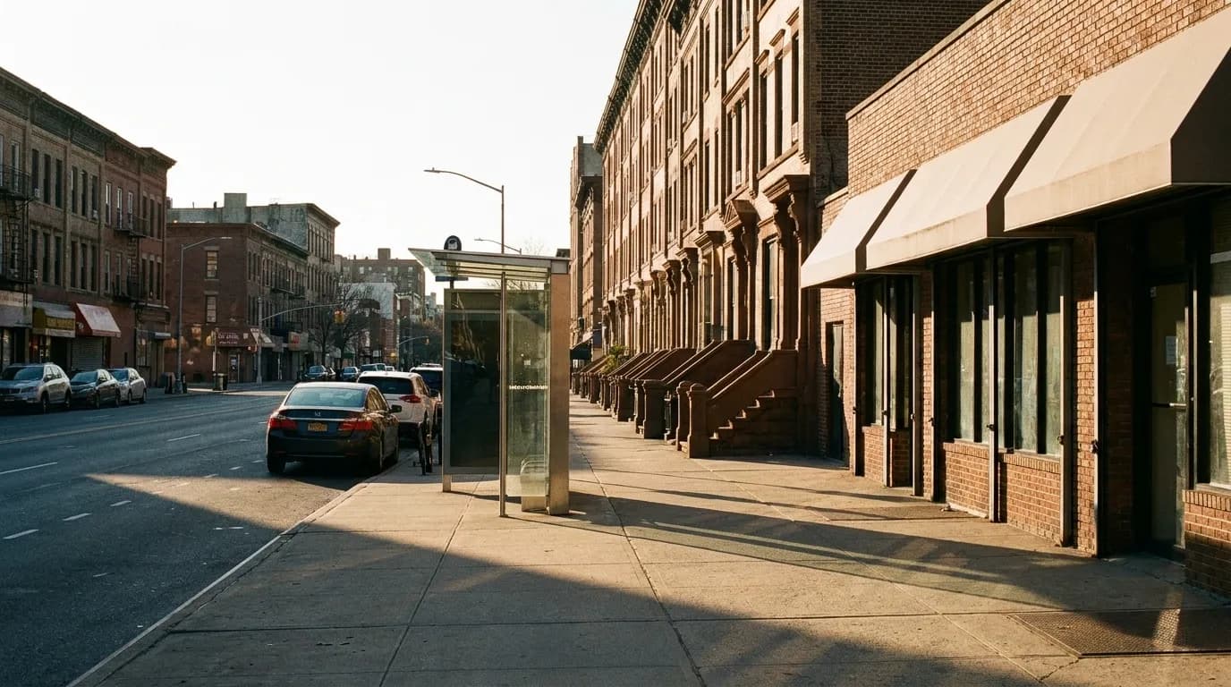 A wide Harlem avenue in late afternoon light with low brick storefronts, awnings over the sidewalk, a bus stop and brownstone stoops receding down the block