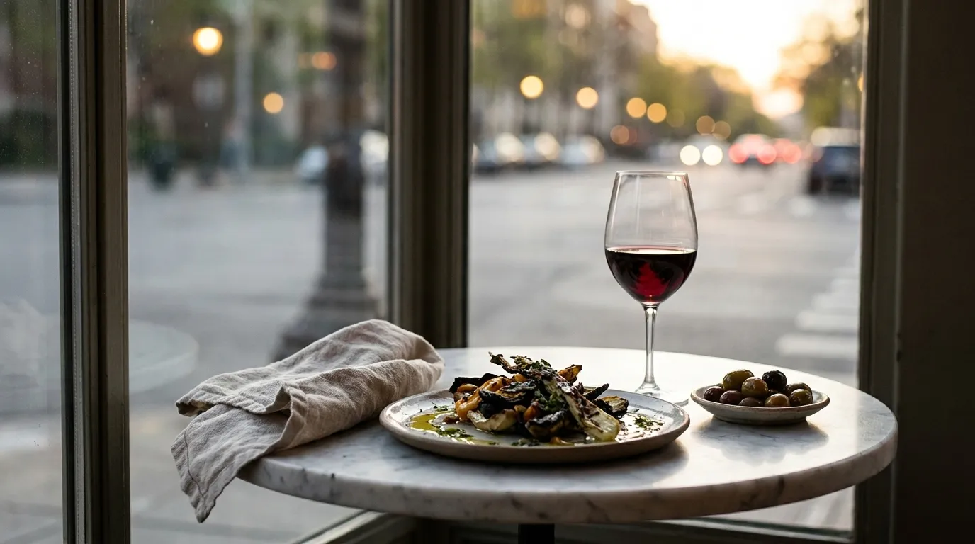 A small marble-topped restaurant table by a window with a plate of grilled vegetables, a glass of red wine and a folded napkin, the avenue visible blurred beyond the glass