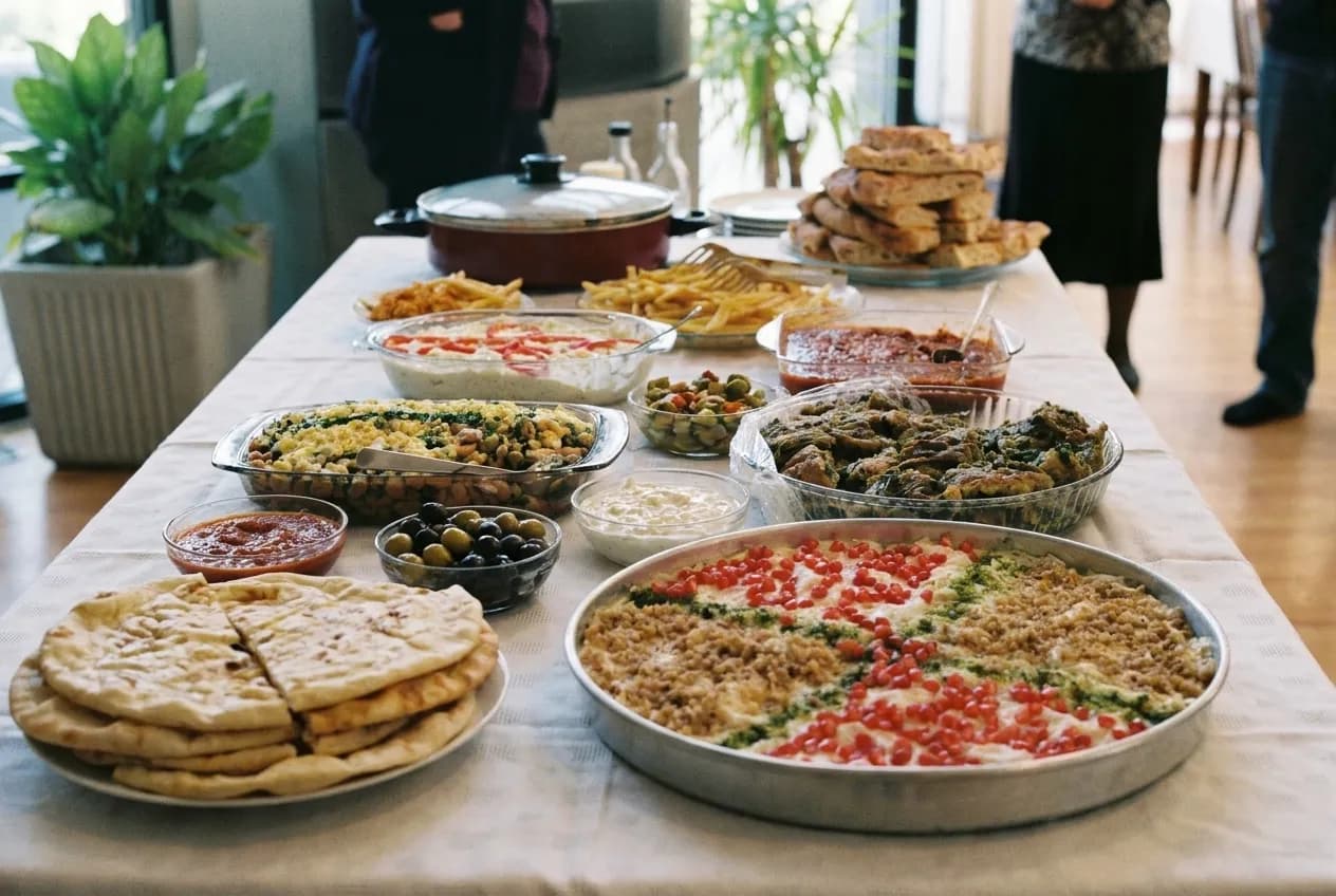 A table covered with small dishes of dips, olives and salads with flatbread