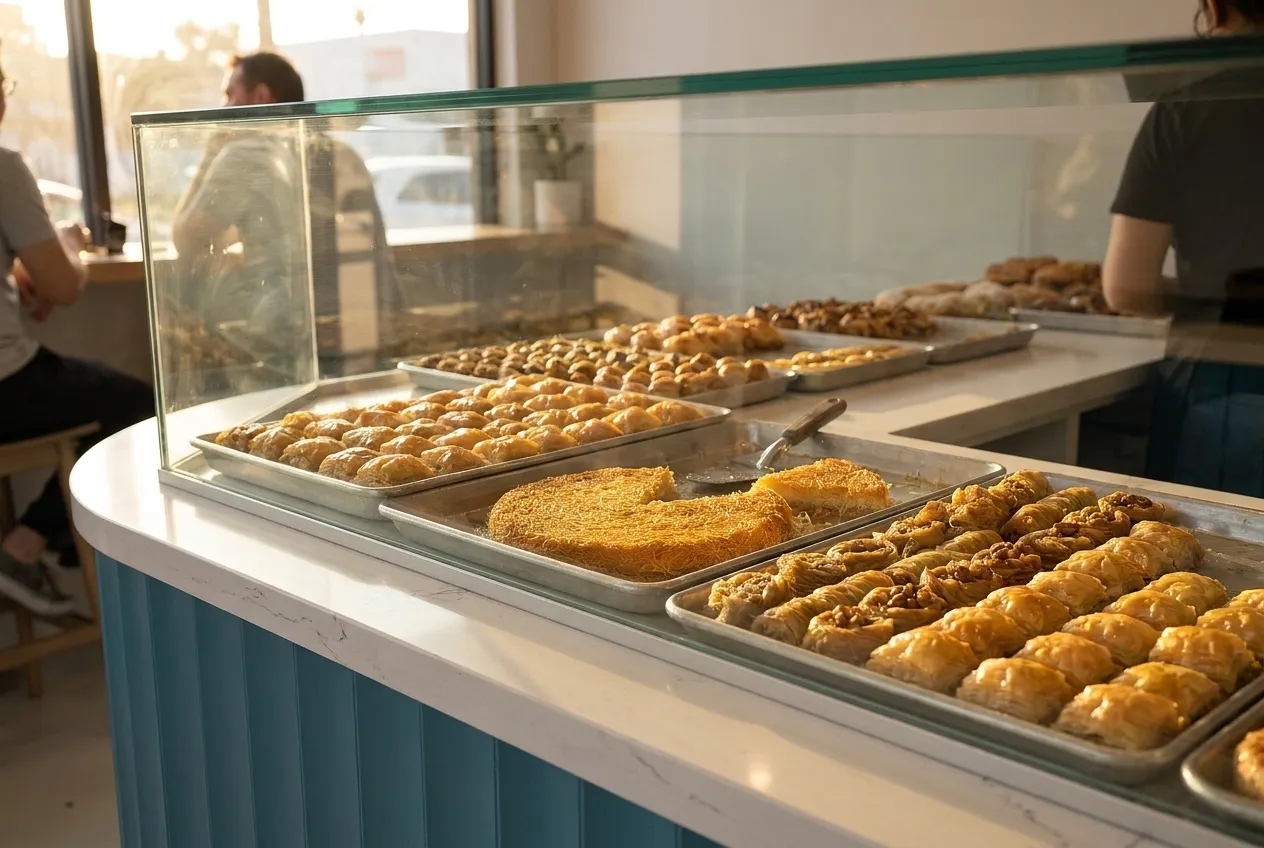 A bakery counter with trays of pastries in syrup behind glass