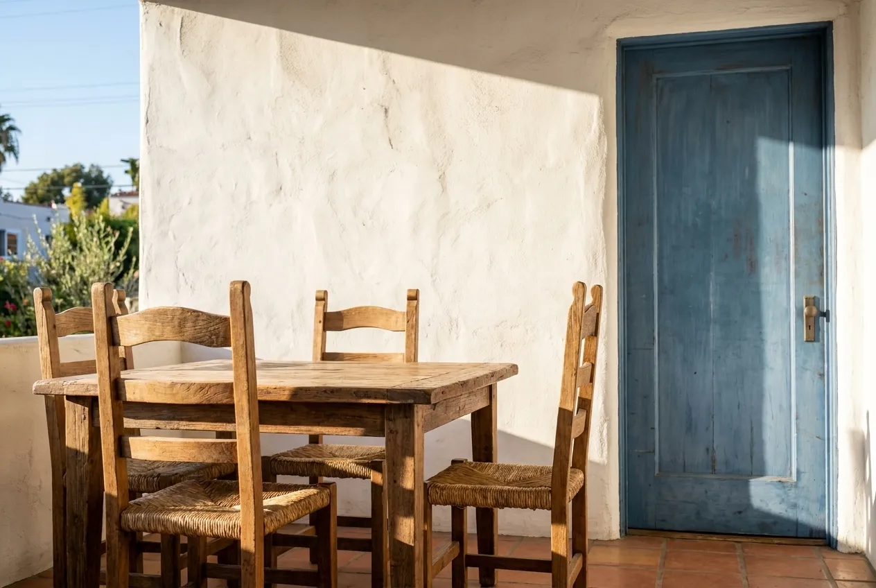 A whitewashed dining room wall with wooden chairs and a blue-painted door