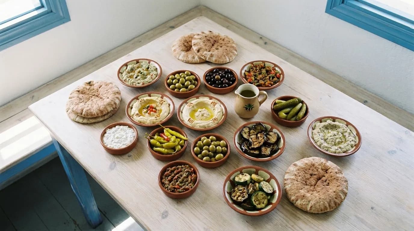 A table spread with small mezze dishes, flatbread and olive oil in a whitewashed room with blue accents